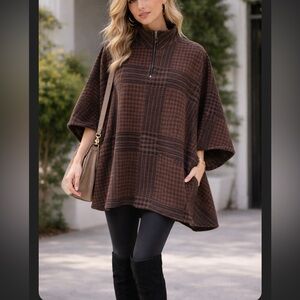 Rachel Roy Plaid Poncho Cape One Size Brown Black Oversized Cozy Fall Layer